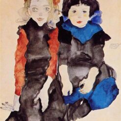 Egon Schiele Two Little Girls - 1911 Expressionist Watercolor Portrait on Paper