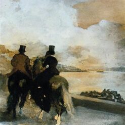 Impressionism Genre: Two Riders by a Lake by Edgar Degas – Pen and Ink Reproduction (c. 1861)