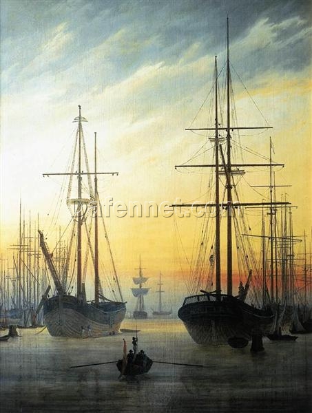 Romantic Marina Oil Painting View of a Harbour by Caspar David Friedrich (1814) – Coastal Seascape Art for Living Room and Office