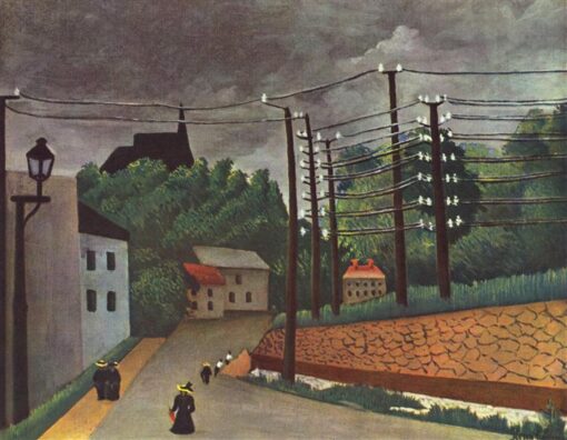 Pintura al óleo de Henri Rousseau «Vista de Malakoff» (1903), de estilo naïf; reproducción sobre lienzo