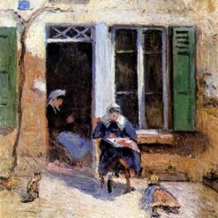 Woman and Child Doing Needlework" by Camille Pissarro – 1877 French Impressionist Masterpiece