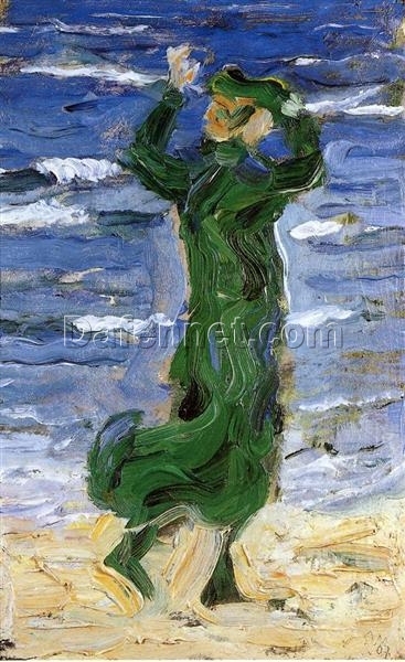 Hand-Painted Franz Marc ‘Woman in the Wind by the Sea’ Oil Painting – Impressionist Genre Art on Canvas from Dafen Village Studio
