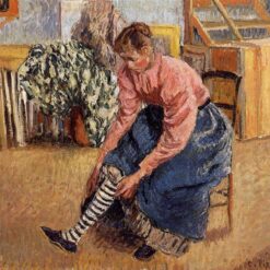 Woman Putting on Her Stockings" (1895) – Impressionist Oil Painting by Camille Pissarro