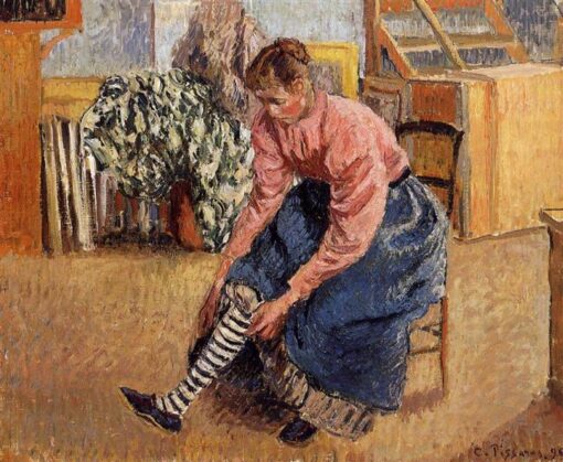 Woman Putting on Her Stockings” (1895) – Impressionist Oil Painting by Camille Pissarro
