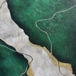 Heavy-Textured Hunter Green, Gray, and Gold Oil Painting – Original Modern Art for Luxury Home Decor