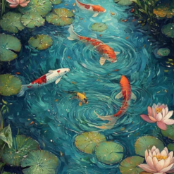 Original Koi Fish Oil Painting – Abstract Colorful Koi and Water Lily Wall Art for Modern Living Room