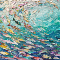 Large Original Fish School Oil Painting – 3D Textured Abstract Blue Sea Canvas Art for Bohemian Living Room Decor