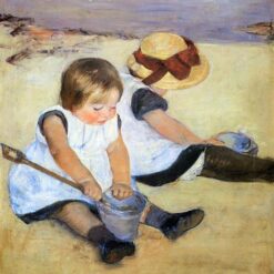 Hand-Painted Reproduction of Mary Cassatt’s ‘Children Playing on the Beach’ – 1884 Impressionist Oil Genre Painting