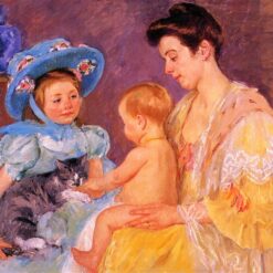 Hand-Painted Reproduction of ‘Children Playing with a Cat’ by Mary Cassatt – 1908 Oil on Canvas