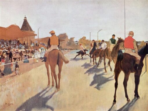 Handgemalte Reproduktion von Degas’ ‘Die Parade (Rennpferde vor den Tribünen)’ - 1866-1868 Realistisches Ölgemälde