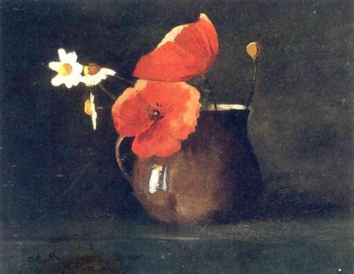 Flowers in Green Vase’ by Odilon Redon – 1868 Realist Floral Painting in Oil on Canvas
