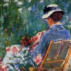 Hand-Painted Reproduction of Mary Cassatt’s ‘Lydia Seated in the Garden with a Dog’ – 1880 Impressionist Oil Portrait