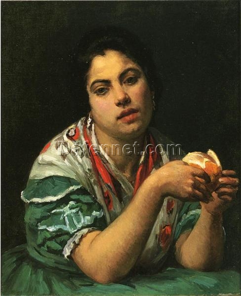 Hand-Painted Reproduction of Mary Cassatt’s ‘Peasant Woman Peeling an Orange’ – 1875 Realist Portrait