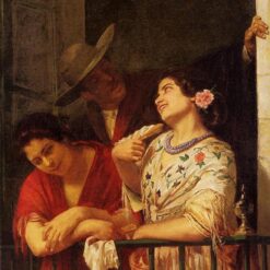Hand-Painted Reproduction of ‘The Flirtation: A Balcony in Seville’ by Mary Cassatt – 1872 Oil on Canvas