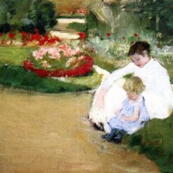 Hand-Painted Reproduction of ‘Woman and Child Seated in a Garden’ by Mary Cassatt – 1881 Impressionist Oil on Canvas