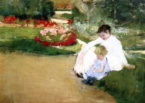 Hand-Painted Reproduction of ‘Woman and Child Seated in a Garden’ by Mary Cassatt – 1881 Impressionist Oil on Canvas
