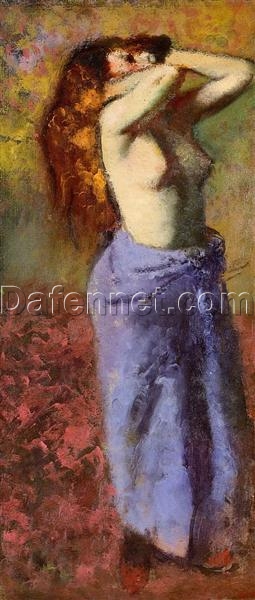 Woman in a Blue Dressing Gown, Torso Exposed by Edgar Degas – c.1887-1890 Impressionist Oil Nude Painting Reproduction