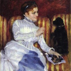 Mary Cassatt ‘Woman on a Striped Sofa with a Dog’ – 1875 Oil on Panel Painting Reproduction