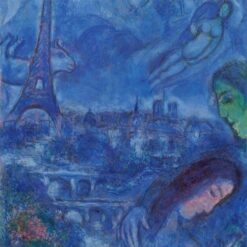 Marc Chagall Paris Landscape in Blue – 1967 Naïve Art Oil Painting, Figurative Artwork, Private Collection