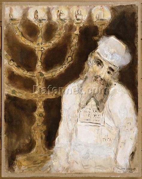 Marc Chagall Aaron in Front of the Golden Candlestick with Seven Branches – Biblical Religious Painting, Gouache & Oil on Paper by Da Fen Oil Painting Village Studio