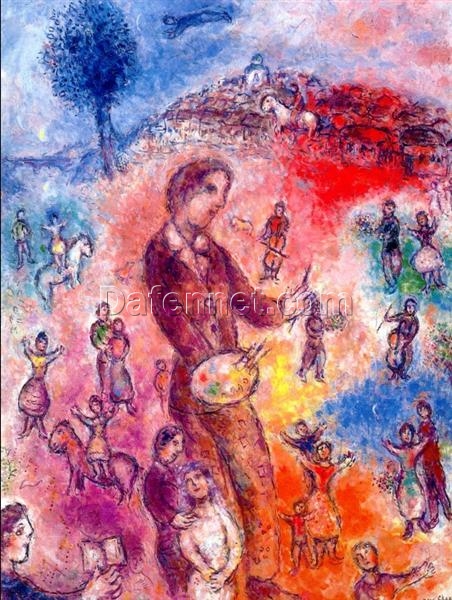 Hand-Painted Marc Chagall “Artist at a Festival” Oil Painting – Surrealist Genre Art Reproduction by Da Fen Oil Painting Village Studio