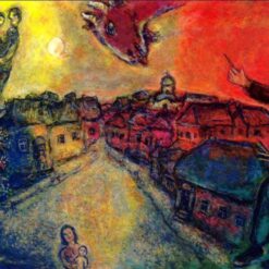 Marc Chagall Artist over Vitebsk – 1977 Surrealist Cityscape Oil Painting, Aerial View of His Hometown