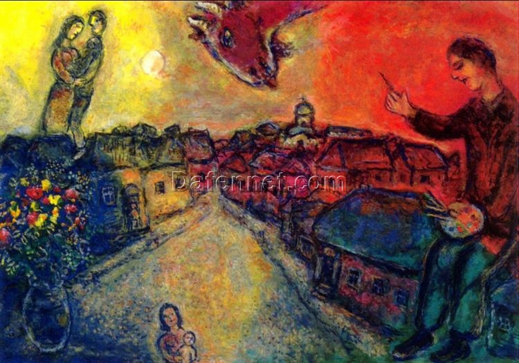 Marc Chagall Artist over Vitebsk – 1977 Surrealist Cityscape Oil Painting, Aerial View of His Hometown