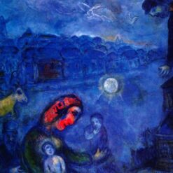 Marc Chagall Blue Village – 1975 Surrealism Oil on Canvas Symbolic Painting, Private Collection