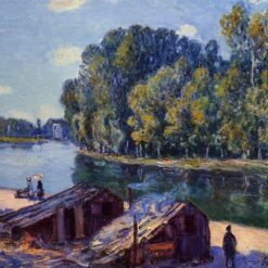 Cabins along the Loing Canal, Sunlight Effect by Alfred Sisley – 1896 Impressionist Landscape Oil Painting, Custom Art from Dafen Oil Painting Village Studio