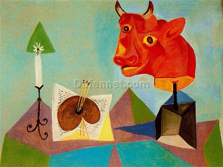 Candle, Palette, Head of Red Bull by Pablo Picasso – 1938 Surrealist Still Life Oil Painting, Custom Art from Dafen Village Studio