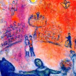 Marc Chagall Circus – 1980 Naïve Art (Primitivism) Oil Painting, Whimsical Genre Artwork, Circus Performance Scene
