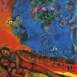 Hand-Painted Marc Chagall "Couple on a Red Background" Oil Painting – Surrealist Genre Art Reproduction by Da Fen Oil Painting Village Studio