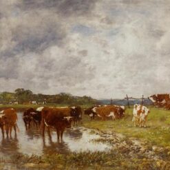 Cows in a Meadow on the Banks of the Toques by Eugene Boudin – 1880 Impressionist Animal Painting Oil, Custom Art from Dafen Oil Painting Village Studio