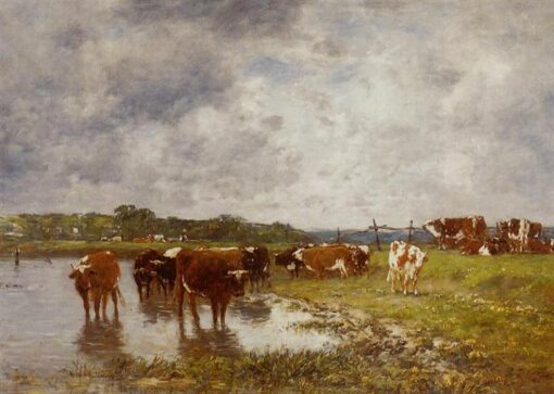 Kühe auf einer Wiese am Ufer des Toques von Eugene Boudin - 1880 Impressionist Tiermalerei Öl, Custom Art von Dafen Ölmalerei Dorf Studio