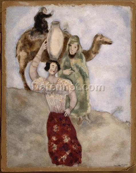 Marc Chagall Eliezer and Rebecca – Hand-Painted Reproduction of Religious Masterpiece, Gouache & Oil on Paper by Da Fen Oil Painting Village Studio