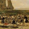 Etretat, Laundresses on the Beach, Low Tide by Eugene Boudin – 1892 Impressionist Genre Oil Painting, Custom Art from Dafen Oil Painting Village Studio