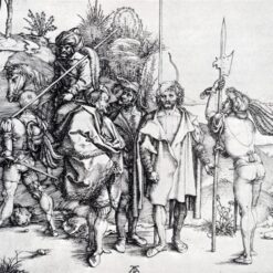 Hand-Painted Albrecht Dürer "Five Lansquenets And An Oriental On Horseback" Oil Painting – Northern Renaissance Genre Art Reproduction by Da Fen Oil Painting Village Studio