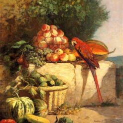 Fruit and Vegetables with a Parrot by Eugene Boudin – 1869 Realism Animal Oil Painting, Custom Art from Dafen Oil Painting Village Studio