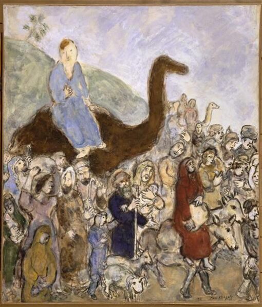 Marc Chagall Jacob Leaves His Country and His Family to Go to Egypt – Hand-Painted Religious Artwork, Reproduction in Gouache and Oil on Paper by Da Fen Oil Painting Village Studio