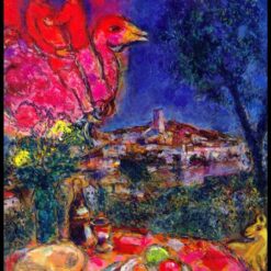 Marc Chagall Laid Table with View of Saint-Paul-de-Vence – 1968 Naïve Art Oil Painting, Saint-Paul-de-Vence