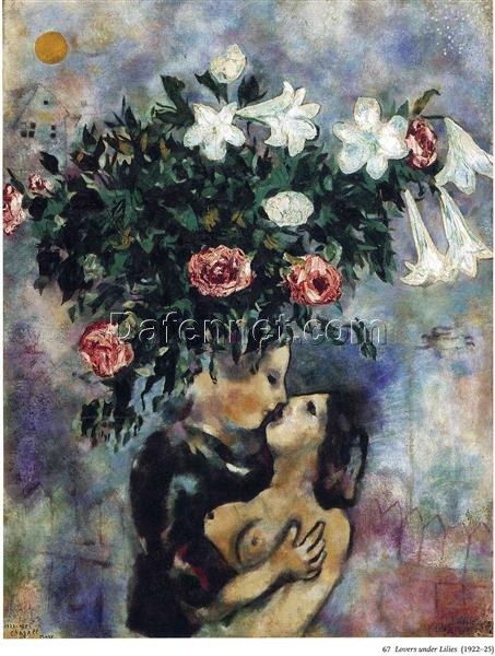 Marc Chagall Lovers Under Lilies – Naïve Art Genre Painting, Oil on Canvas
