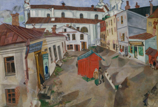 Marc Chagall Marketplace in Vitebsk – 1917 Cubist Cityscape Painting, Oil on Canvas