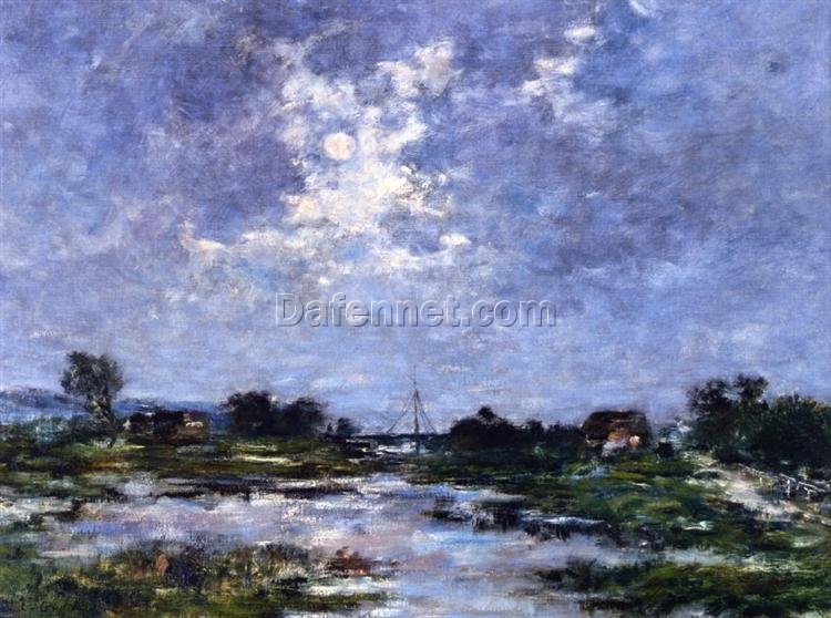 Moonlight on the Marshes, The Toques by Eugene Boudin – c.1890 Impressionist Cloudscape Oil Painting, Custom Art from Dafen Oil Painting Village Studio