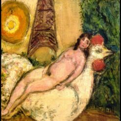 Marc Chagall Naked on a White Cock – Surrealist Nude Painting, Oil on Canvas