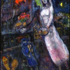 Marc Chagall Newlyweds and Violinist – 1956 Naïve Art Oil Painting on Canvas, Private Collection