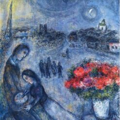Marc Chagall Newlyweds with Paris in the Background – 1980 Surrealist Oil Painting, Romantic Genre Artwork, Parisian Love Scene