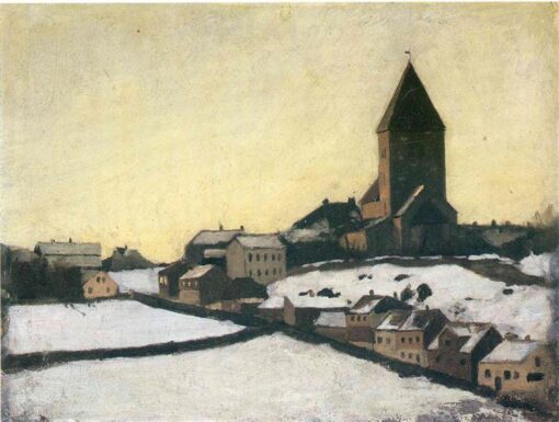 Hand-Painted Edvard Munch “Old Aker Church” Cityscape Oil Painting – Realism Reproduction by Da Fen Oil Painting Village Studio