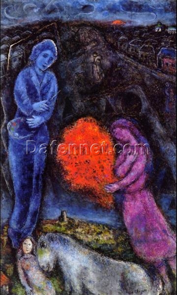 Marc Chagall Saint-Paul de Vance at Sunset – 1977 Naïve Art (Primitivism) Oil Painting, Vibrant Sunset Landscape