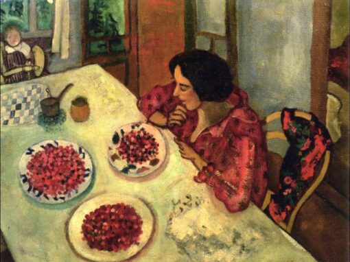 Hand-Painted Oil Painting Inspired by Marc Chagall’s ‘Strawberries Bella and Ida at the Table’ – High-Quality Reproduction by Da Fen Oil Painting Village Studio