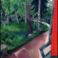 Marc Chagall Summer House Backyard – Naïve Art Landscape, Oil on Cardboard